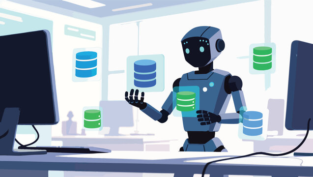 Robot interacting with floating database in office setting.