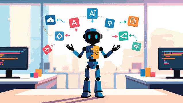Robot juggling of technology and business in office android.