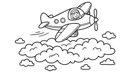 Cartoon airplane flying above clouds, simple transportation coloring page, bold clean lines, printable black and white vector artwork, minimal detail, pure white background. © hamxo