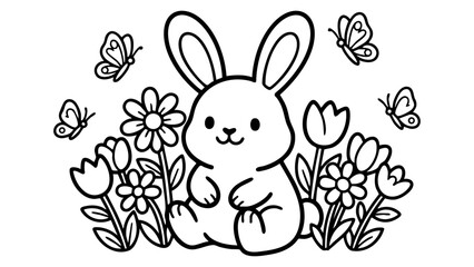 Cute bunny sitting among flowers and butterflies, simple coloring page for kids, bold contour lines, black and white vector illustration, printable coloring book artwork, minimal detail, pure white ba © hamxo