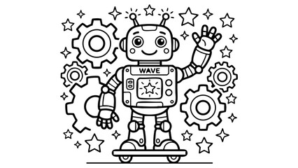 Cartoon robot waving hand with stars and gears, futuristic coloring page for children, simple outlines, easy coloring design, vector illustration, bold clean black lines, minimal details, pure white b © hamxo