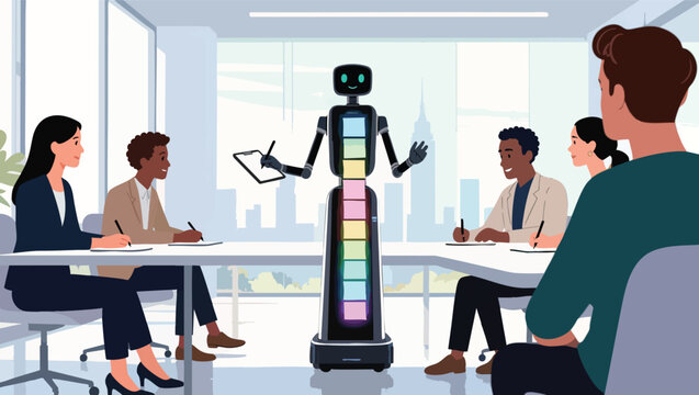 Robot presenting information on colorful display to diverse business team in meeting room.