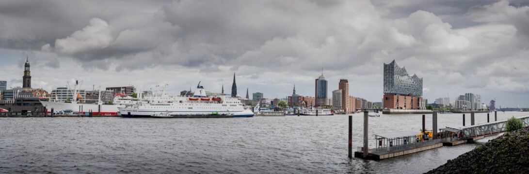 Cap San Diego Ship and Hamburg Harbor Skyline with Elbphilharmonie Under Dramatic Storm Clouds, Hamburg Germany, 14.06.2026
