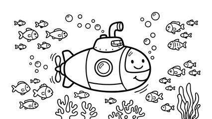 Cartoon submarine underwater adventure scene, surrounded by friendly fish and bubbles, simple black and white vector illustration for children, bold thick outlines, minimal detail, pure white backgrou © hamxo