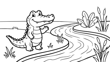 Friendly crocodile near river with plants, simple animal coloring page for children, clean vector outline artwork, bold black lines, minimal details, pure white background. © hamxo