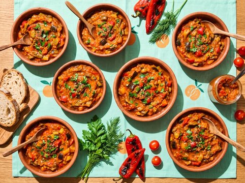 Flat lay of Romanian zacusca in terracotta bowls on mint green floral tablecloth