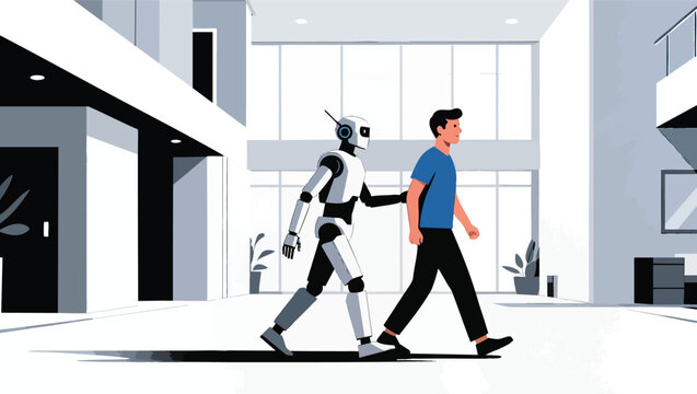 Robot walking alongside a man in a modern building interior.