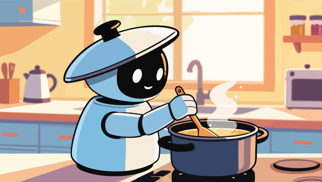 Robot wearing a pot lid as a hat, stirring soup in a pot on a kitchen stove robot cooking.