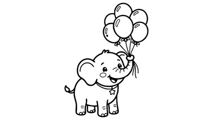 Happy elephant holding balloons, cartoon coloring book illustration, clean black outlines, simple composition, child-friendly design, vector coloring page isolated on white background, thick bold line © hamxo