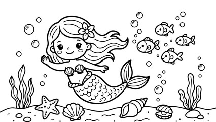 Little mermaid underwater with fish and seashells, easy kids coloring page, kawaii cartoon style, simple line art illustration, white background, Adobe Stock vector style, bold clean outlines, minimal © hamxo