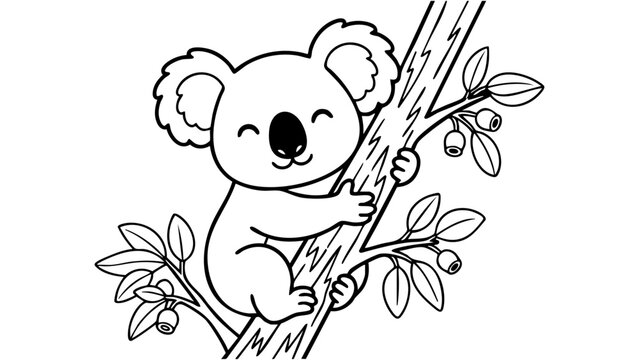 Cute koala hugging a tree branch with leaves, professional cartoon coloring page, black and white outline drawing, simple vector artwork for kids activity book, bold clean outlines, minimal detail, pu