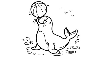 Cute seal balancing a beach ball on its nose, fun cartoon coloring page, thick bold black outlines, minimal coloring spaces, vector illustration, pure white background. © hamxo