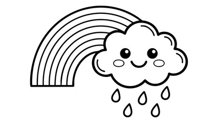 Smiling cloud character with raindrops and a rainbow, simple weather coloring page for kids, kawaii cartoon style, thick bold black outlines, minimalist vector illustration, pure white background. © hamxo
