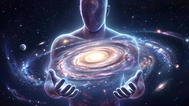 Celestial entity holding spinning spiral galaxy in hands. Cosmic being with translucent body containing stars and nebulae in deep space. Lockdown medium shot.