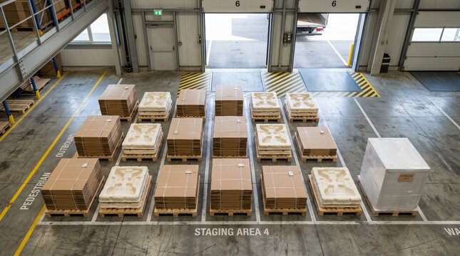 Overhead warehouse staging with eco pallets and mycelium packaging grid