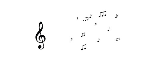 Fototapeta premium Black musical notes and symbols with a treble clef on a white background.