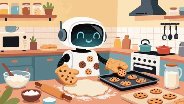 Cute robot baking cookies in a cozy kitchen spreading dough and placing cookies on a baking sheet.