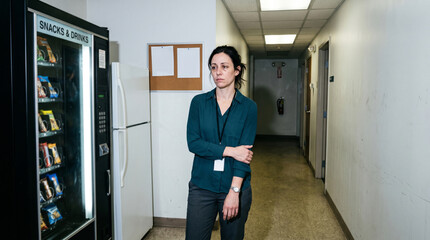 Fototapeta premium Employee Waiting By Vending Machine In Stark Office Breakroom Light