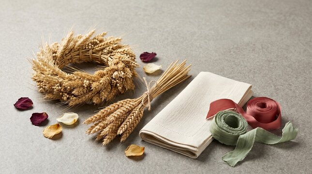 Premium Slavic Harvest Festival Dozhinki craft still life with grain crown wheat ribbons and linen