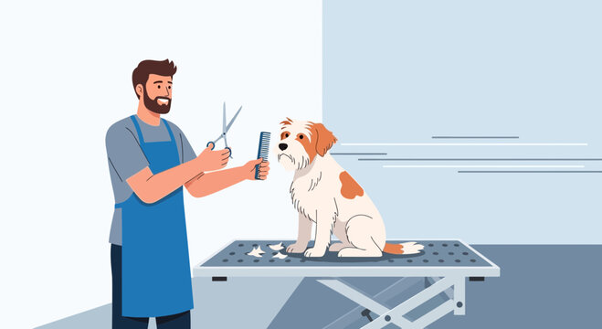 Professional groomer trimming a fluffy dog with scissors on a grooming table