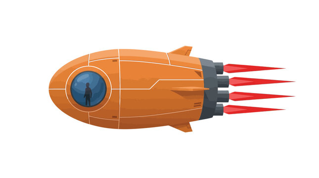 Stylized orange vector rocket illustration featuring a small silhouette passenger inside a circular glass window