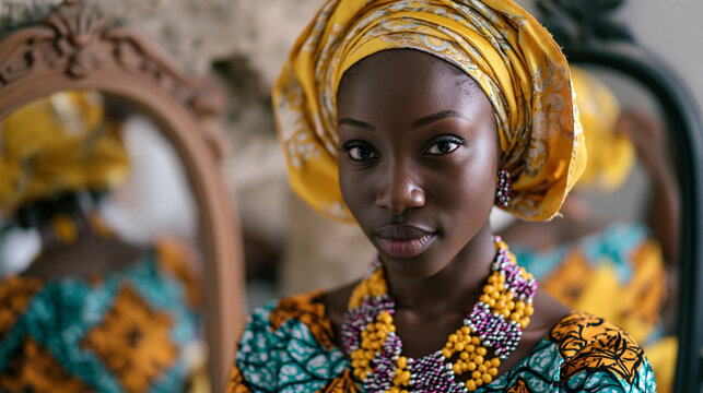 Young Yoruba woman styling elaborate gele headwrap before entering formal Lagos cultural gala, intricate brocade fabric pinned and folded with ancestral precision, full-length mirror reflecting bead