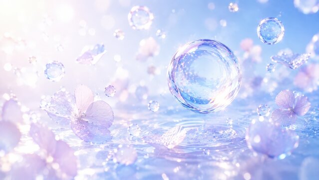 水面に浮かぶガラスの紫陽花とシャボン玉