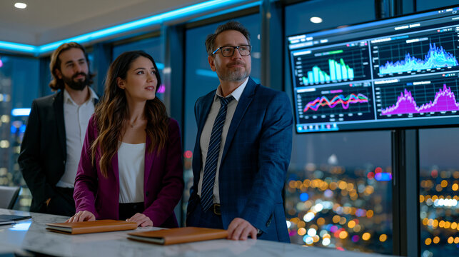 Balanced scorecard metrics displayed on a wall mounted monitor inside a luxury interior boardroom where a small leadership team stands reviewing figures, floor to ceiling windows reflecting evening 