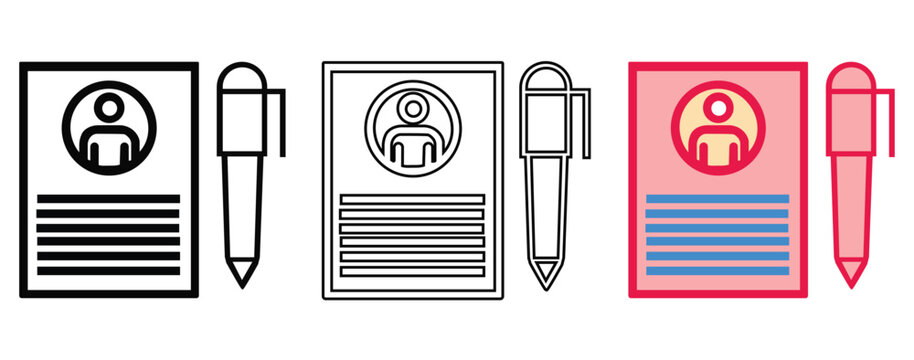 Personal resume and curriculum vitae icons set with user profile and pen in outline, glyph and flat color styles for job application and recruitment
