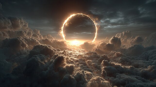 Partial solar eclipse with a glowing sun halo in a clear sky. 