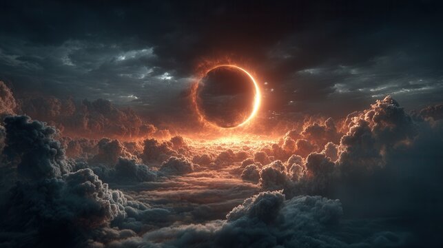 Partial solar eclipse with a glowing sun halo in a clear sky. 