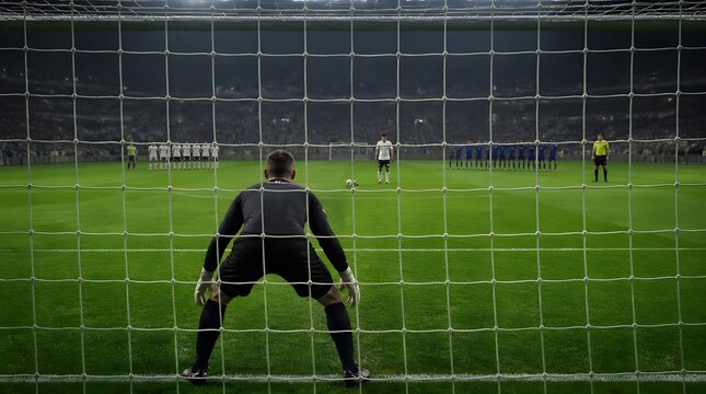 Soccer Goalkeeper Awaits Penalty Kick Shot from Player in Stadium at Night