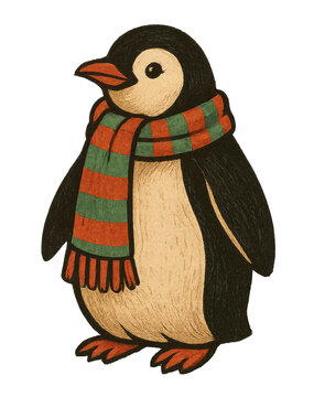 Cute Penguin Illustration with Scarf, Transparent Background