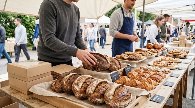 Open air market bakery table with shopper choosing artisan bread