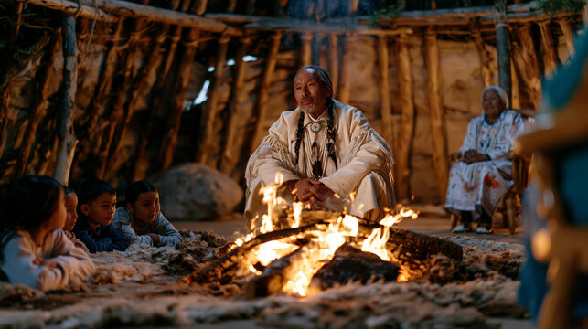 Din&eacute; storyteller sits in firelit hogan sharing creation narrative with three generations of family, children lying on sheepskin rugs listening attentively, grandmother nodding from wooden chair as c