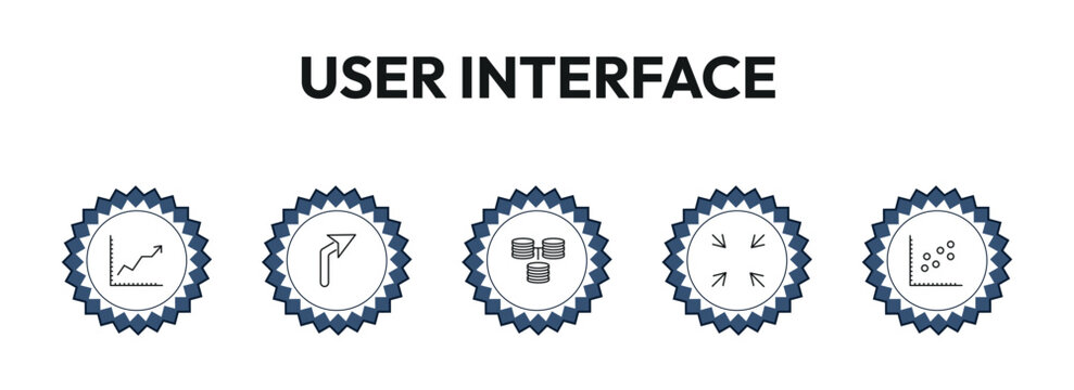 user interface outline icon set. simple chart interface, right turn, data interconnected, scatter circle and more. linear vector collection. editable stroke