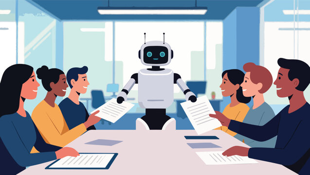 Robot distributing documents to diverse team during meeting in bright office conference room.