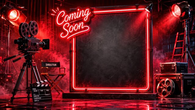 Movie set with neon coming soon sign in dark studio