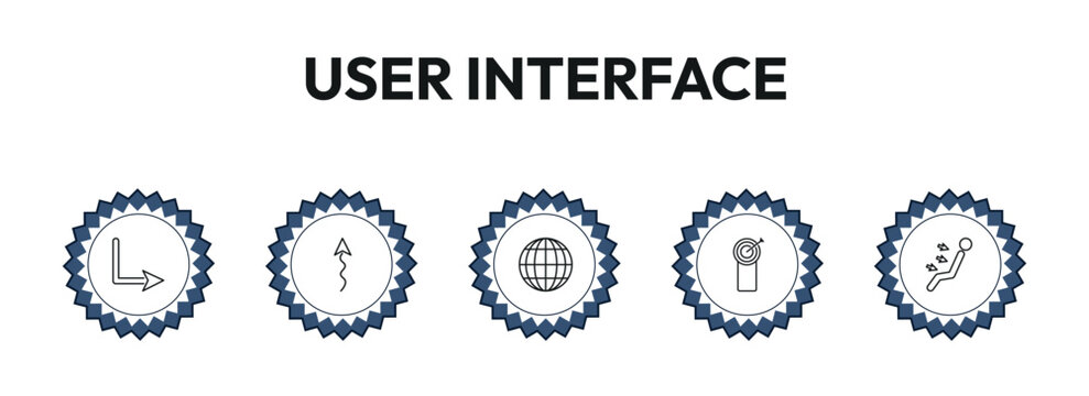 user interface outline icon set. down right arrow, squiggly arrow, worldgrid, air outlet and more. linear vector collection. editable stroke