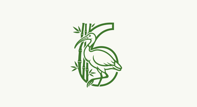 Elegant crane bird logo with bamboo design.