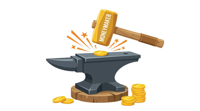 Golden moneymaker hammer striking a shiny coin on a sturdy metal anvil vector illustration design