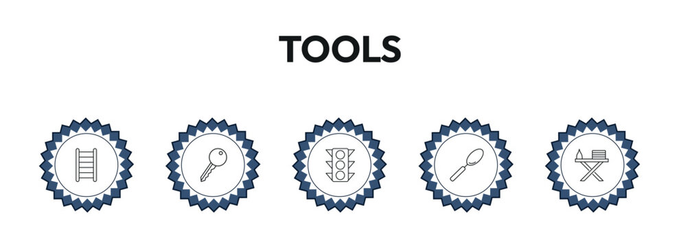 tools outline icon set. hanging ladder, tiny key, semaphore lights, iron table and more. linear vector collection. editable stroke