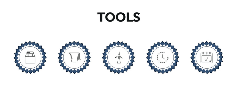 tools outline icon set. top load washer, pitcher with levels, windmills, calendar page and more. linear vector collection. editable stroke