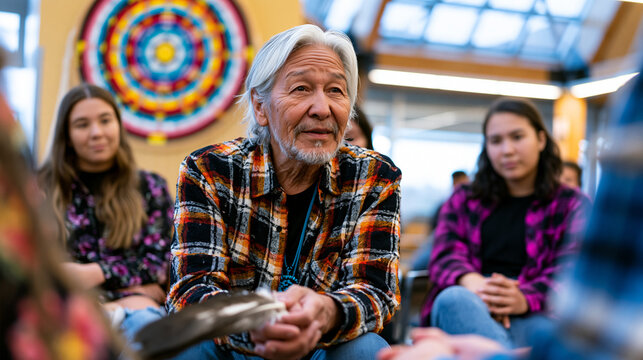 Indigenous elder co-facilitates talking circle session with youth at community health facility, eagle feather passing between seated participants, medicine wheel wall hanging above them, afternoon l