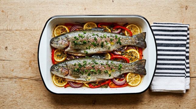 Roasted rainbow trout with lemon herbs and vegetables in baking dish