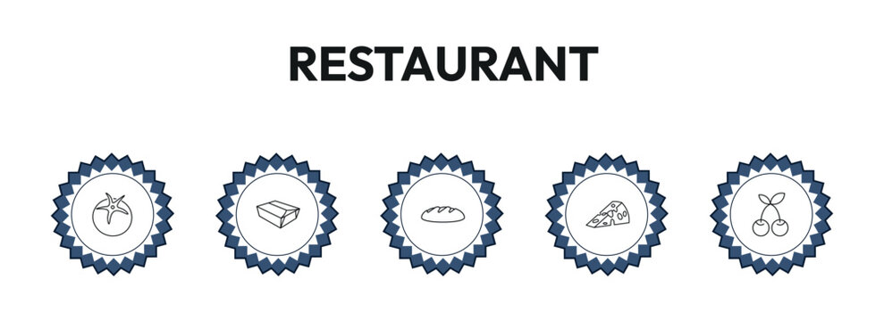 restaurant outline icon set. fresh tomato, food box, load of bread, two cherries and more. linear vector collection. editable stroke