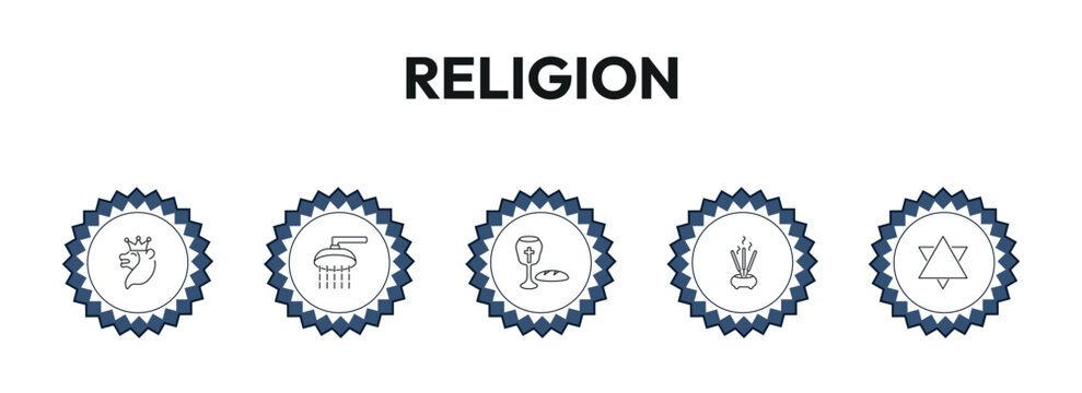 religion outline icon set. lion of judah, shower head and water, communion, blasphemy and more. linear vector collection. editable stroke