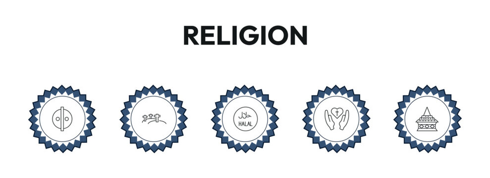 religion outline icon set. animism, calvary, islamic halal, doi suthep and more. linear vector collection. editable stroke