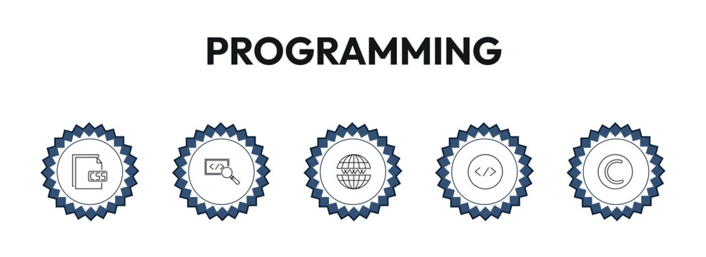 programming outline icon set. css file format, code review, www, copyright and more. linear vector collection. editable stroke