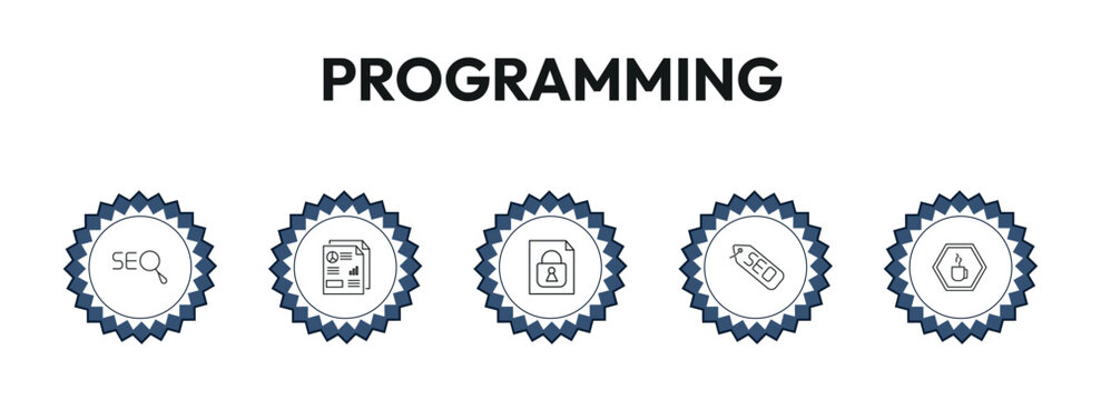 programming outline icon set. seo, seo report, encripted file, and more. linear vector collection. editable stroke